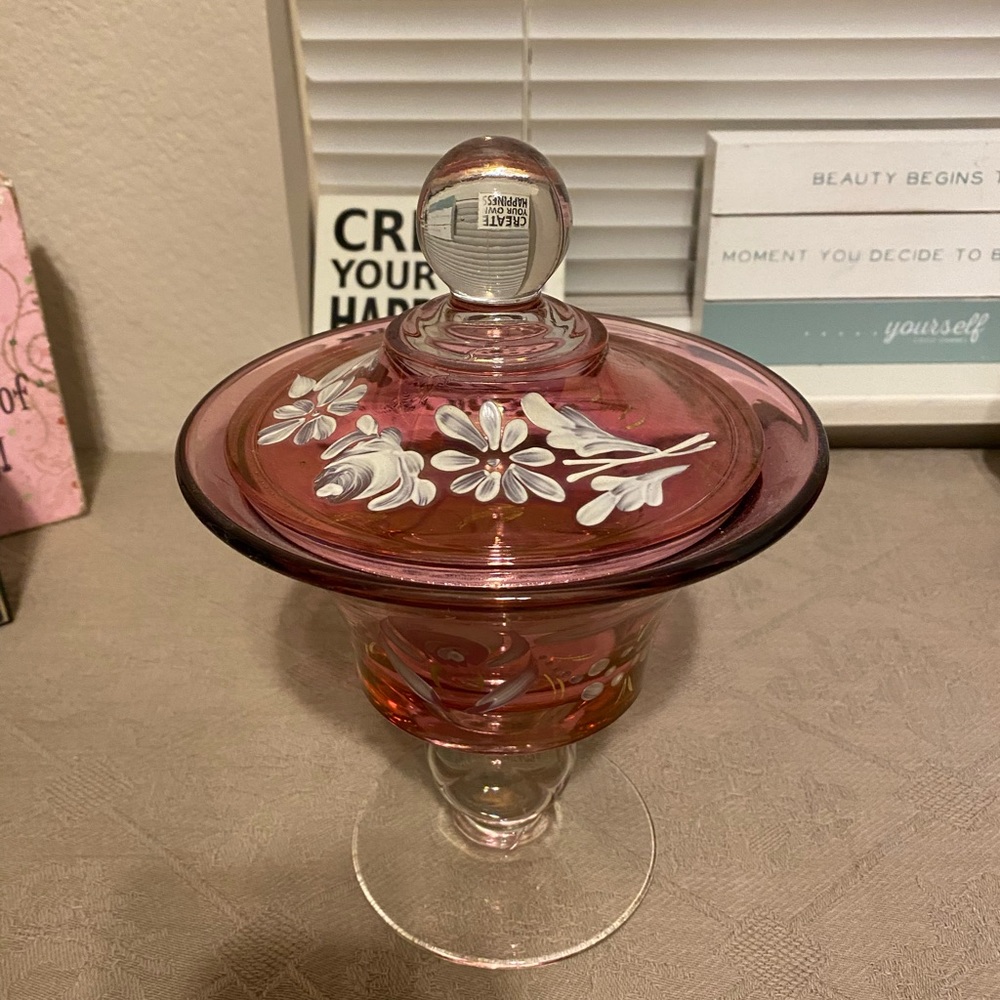 Vintage Fenton Hand Painted Cranberry Footed Lid Candy Dish